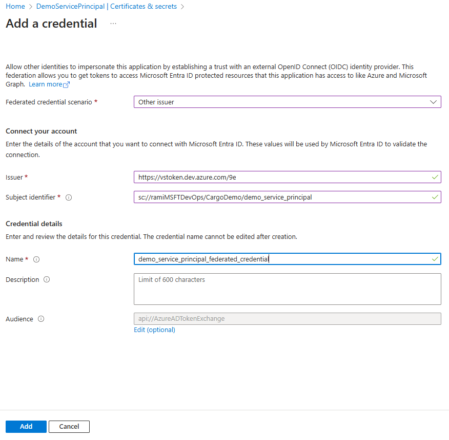 Azure でサービス プリンシパルのフェデレーション資格情報を作成する方法を示すスクリーンショット。