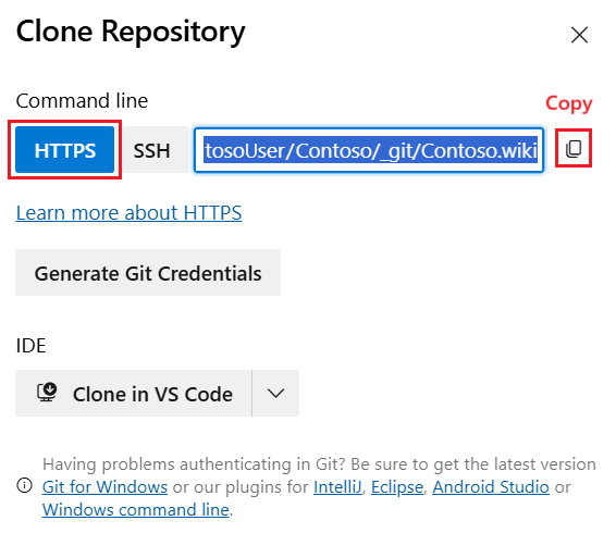 HTTP オプションと [コピー] アイコンを選択して Wiki リポジトリの URL にアクセスする方法を示すスクリーンショット。