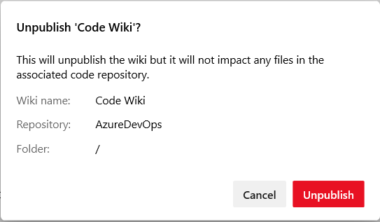 Wiki の発行を取り消すスクリーンショット。
