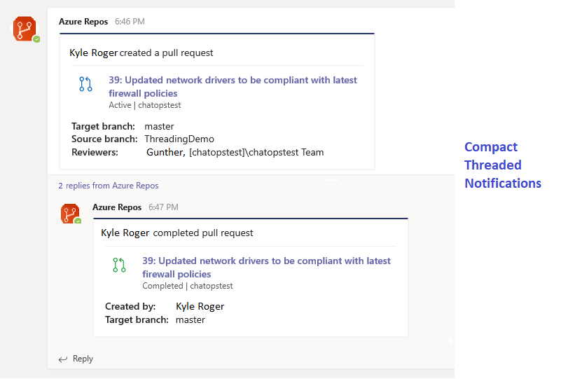 Microsoft Teams用の Azure Repos アプリのプル要求に関連する通知。