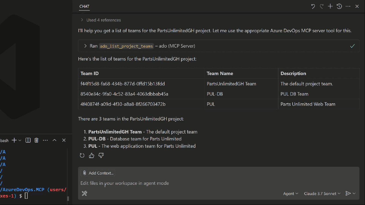 Azure DevOp MCP Server のデモ。