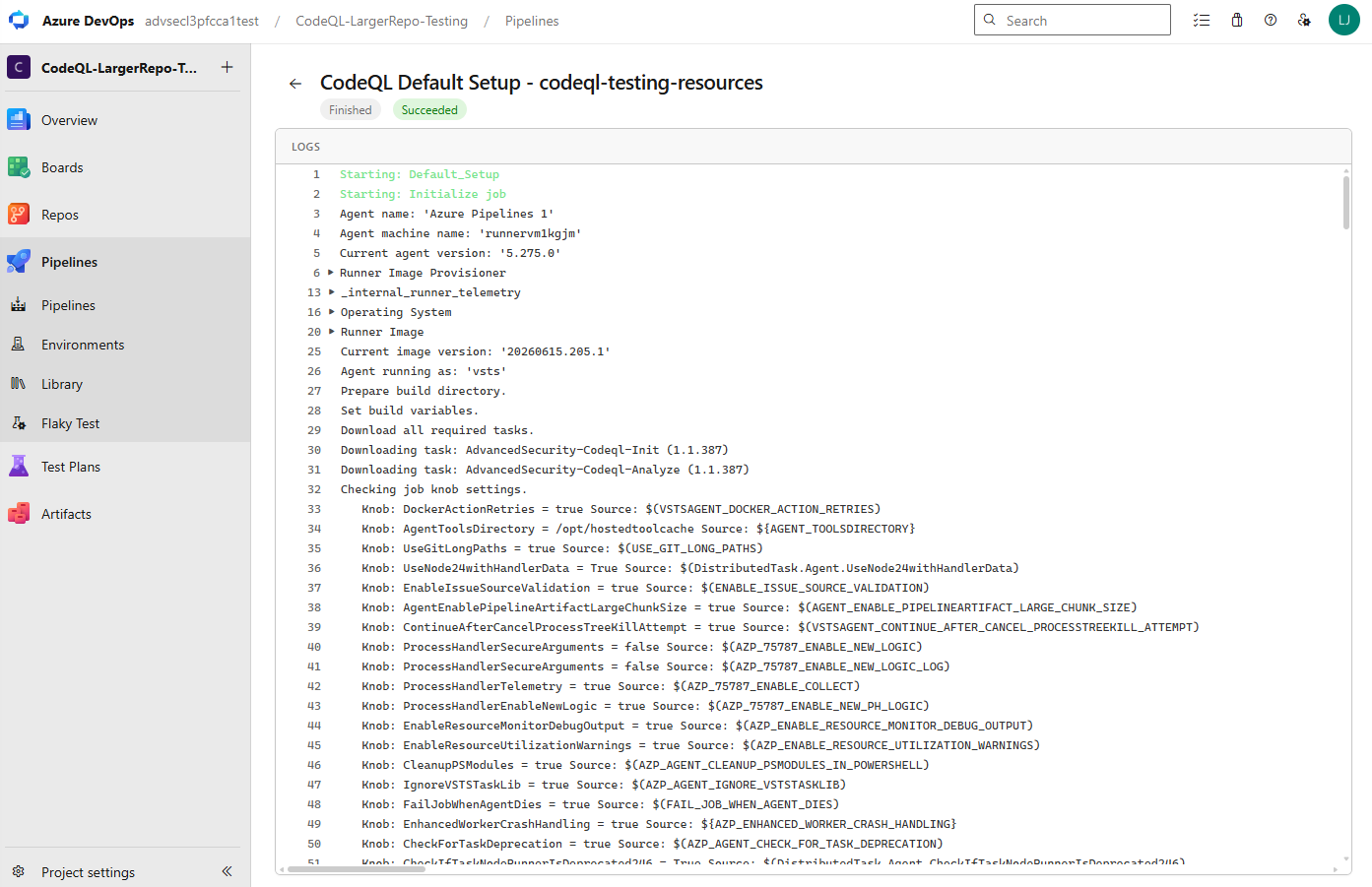 完了して成功した CodeQL の既定のセットアップ実行を示す拡張ログ ビューアー