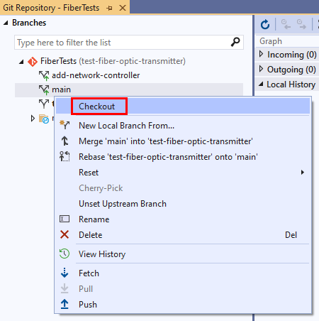 Visual Studio の [Git リポジトリ] ウィンドウのブランチ コンテキスト メニューにある [チェックアウト] オプションのスクリーンショット。