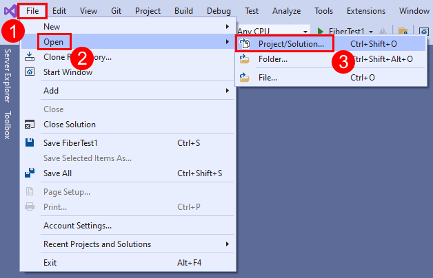 Visual Studio の [ファイル] メニューの [ソリューションを開く] オプションのスクリーンショット。