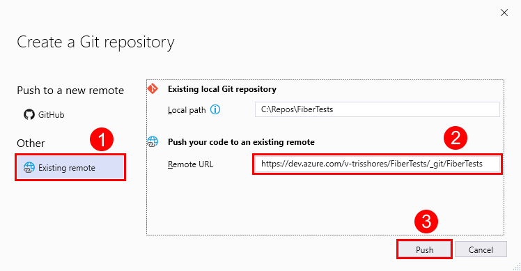 Visual Studio 2019 で空の Azure リポジトリの URL が表示されている [Git リポジトリの作成] ウィンドウのスクリーンショット。