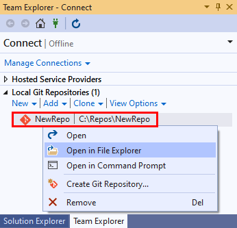 Visual Studio 2019 のチーム エクスプローラーの [接続] ビューの [ローカル Git リポジトリ] セクションにある新しいリポジトリ エントリとそのコンテキスト メニューのスクリーンショット。