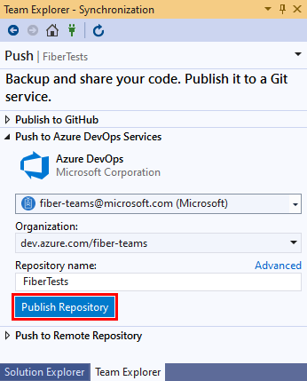 Visual Studio 2019 のチーム エクスプローラーの [同期] ビューにある Azure DevOps の組織とリポジトリ名のオプションと [リポジトリの公開] ボタンのスクリーンショット。