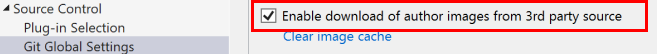 Visual Studio の [オプション] ダイアログ ボックスにあるサード パーティ ソースからの作成者のイメージのダウンロードを有効にするためのチェックボックスを示すスクリーンショット。