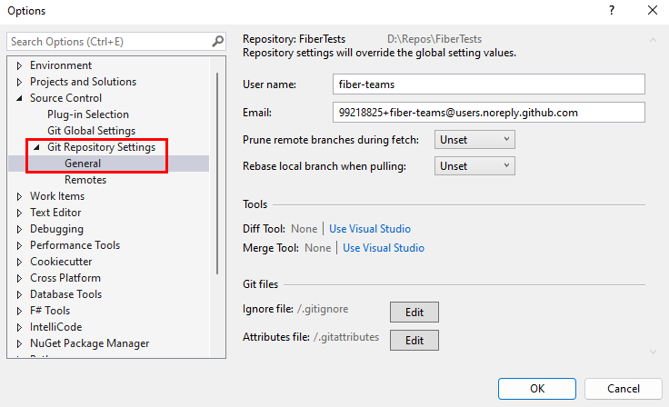 Visual Studio の [オプション] ダイアログの [Git リポジトリ設定] のスクリーンショット。