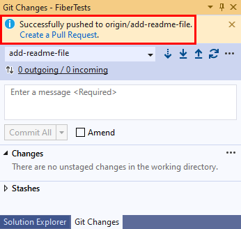 Visual Studio の [Git 変更] ウィンドウの [Pull Request の作成] リンクのスクリーンショット。
