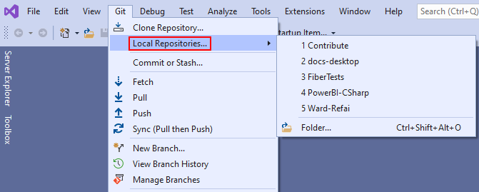 Visual Studio の Git メニューの [ローカル リポジトリ] オプションのスクリーンショット。