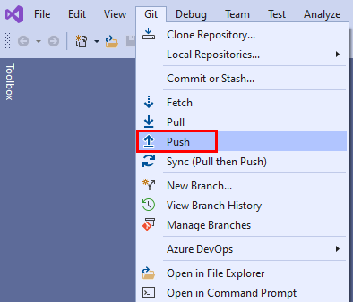 Visual Studio の [Git] メニューの [プッシュ] オプションのスクリーンショット。
