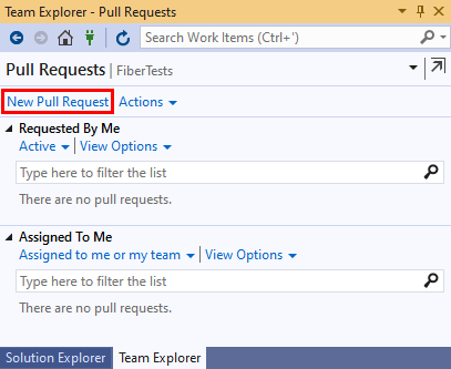 Visual Studio 2019 のチーム エクスプローラーの [Pull Request] ビューの [新しい Pull Request] リンクのスクリーンショット。