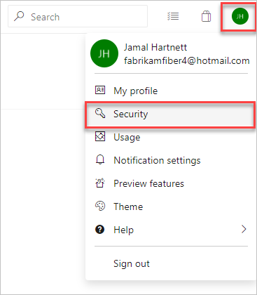Screenshot showing home page, opening your profile, and the Security button.