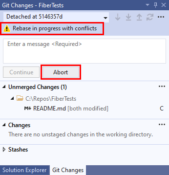 Visual Studio 2019 の [Git リポジトリ] ウィンドウのリベース競合メッセージのスクリーンショット。