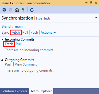 Visual Studio 2019 のチーム エクスプローラーの [同期] ビューの [フェッチ] ボタンのスクリーンショット。