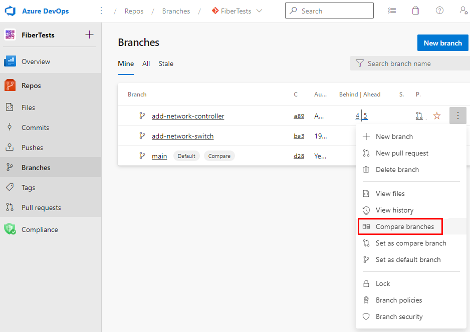 Azure DevOps プロジェクト ページの [ブランチ] ビューのブランチ コンテキスト メニューのスクリーンショット。