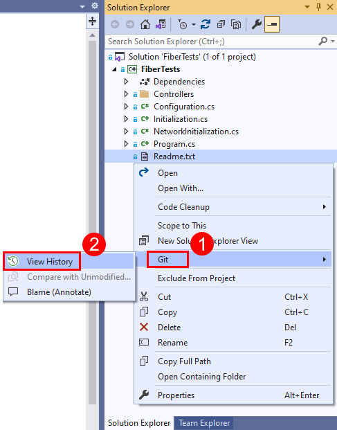 Visual Studio のソリューション エクスプローラーにあるファイル コンテキスト メニューの [履歴の表示] オプションのスクリーンショット。