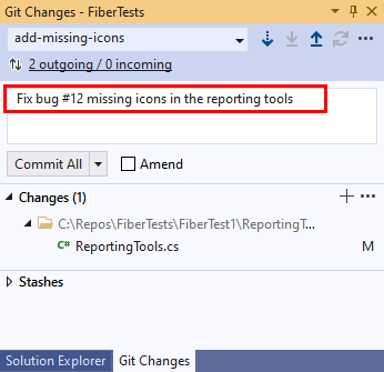 Visual Studio の [Git 変更] ウィンドウ内の、コミットにリンクしている作業項目のスクリーンショット。