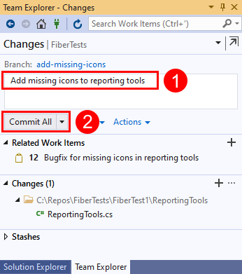 Visual Studio 2019 のコミット メッセージ テキストと [すべてコミット] ボタンのスクリーンショット。