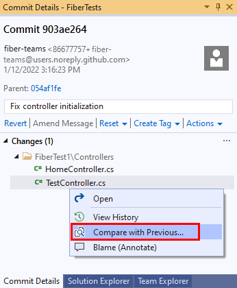 Visual Studio 2019 の [コミットの詳細] ウィンドウの [以前と比較] オプションのスクリーンショット。