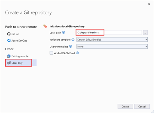 Visual Studio 2022 で [Local only] (ローカルのみ) オプションが選択されている [Git リポジトリの作成] ウィンドウのスクリーンショット。