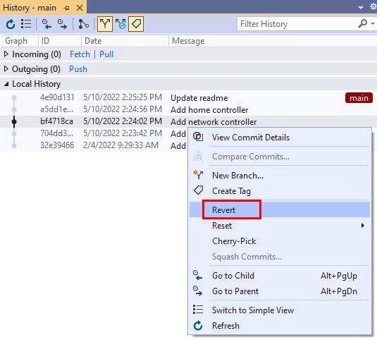 Visual Studio の [履歴] ウィンドウのコミットに対するコンテキスト メニューの [復元] オプションのスクリーンショット。