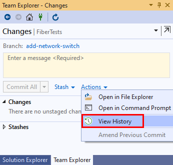 Visual Studio 2019 のチーム エクスプローラーの [変更] ビューにある [アクション] メニューの [履歴を見る] オプションのスクリーンショット。