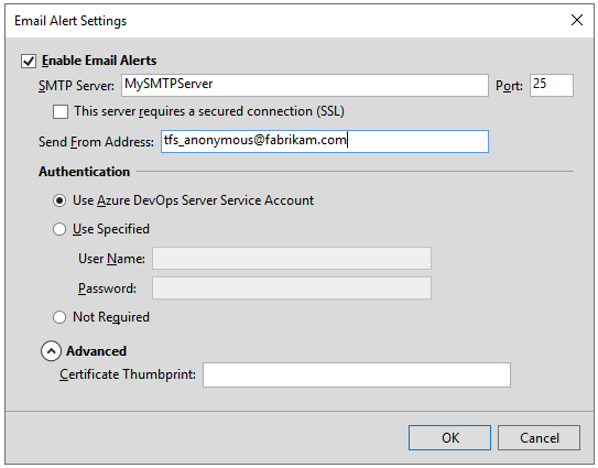 SMTP サーバー構成のスクリーンショット。