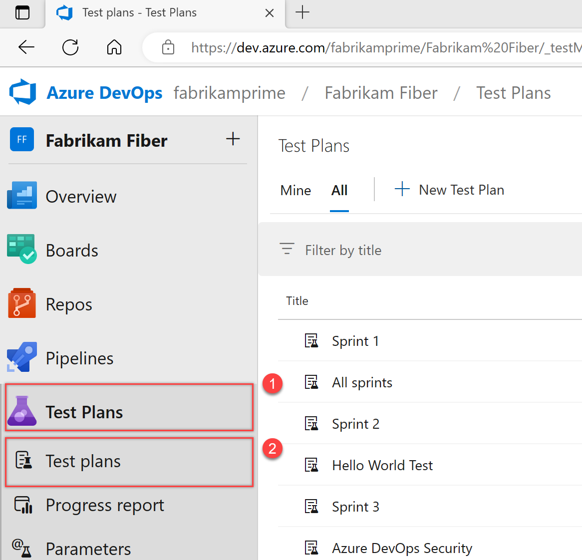 Azure DevOps Server 2020 と Azure DevOps Services のテスト 計画ページの一覧を開くスクリーンショット。