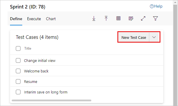[新しいテスト ケース] ボタンが強調表示されているテスト ケースを示すスクリーンショット。