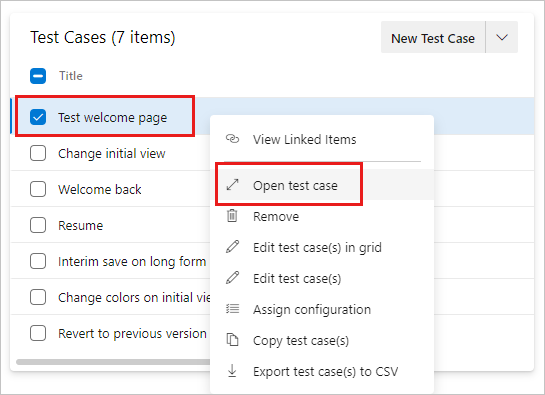 コンテキスト メニューの [テスト ケースを開く] が選択されているテスト ケースを示すスクリーンショット。