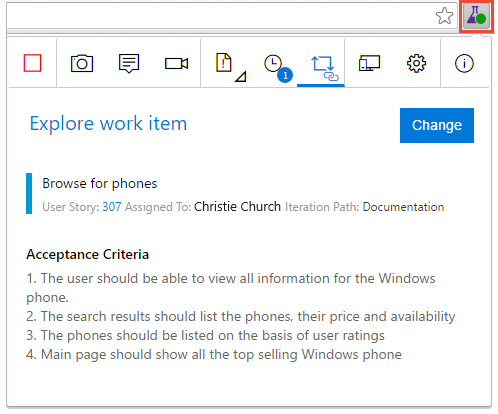 作業項目とその受け入れ条件を示す [テストとフィードバック] 拡張機能のスクリーンショット。