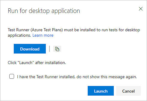 スクリーンショットは、[デスクトップ アプリケーションの実行] ダイアログ ボックスと、テスト ランナーをダウンロードして起動するためのオプションを示しています。
