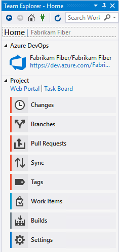 Visual Studio 2019 の [Team エクスプローラー Home page with Git as source control]\(Git をソース管理として使用するチーム エクスプローラー ホーム ページ\) のスクリーンショット。