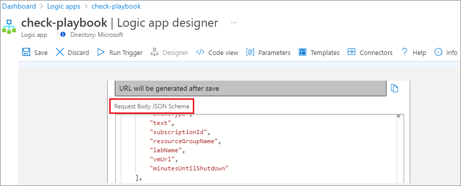 デザイナーの [要求本文の JSON スキーマ] を示すスクリーンショット。