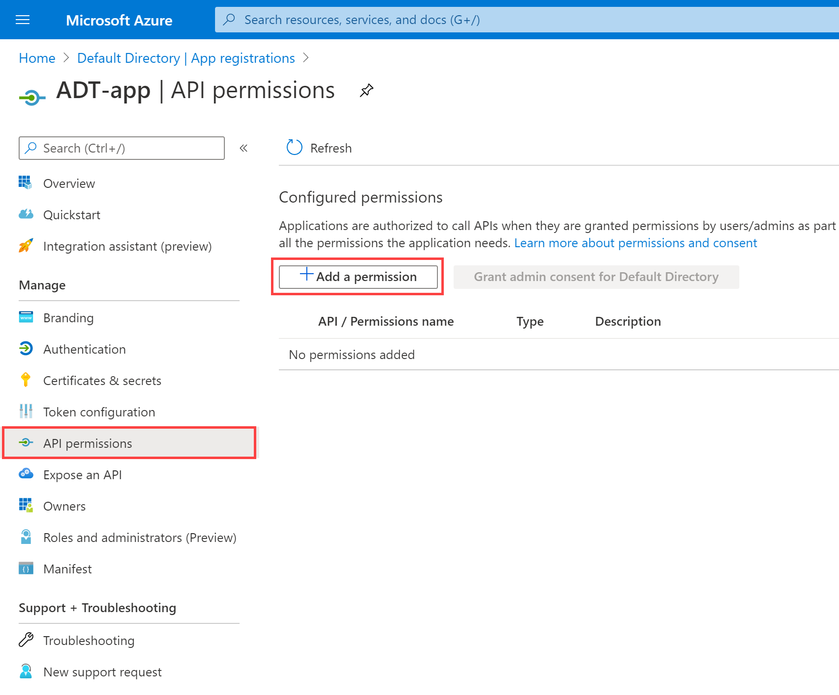 [API のアクセス許可] メニュー オプションと [アクセス許可の追加] ボタンが強調表示されている Azure portal のアプリ登録のスクリーンショット。