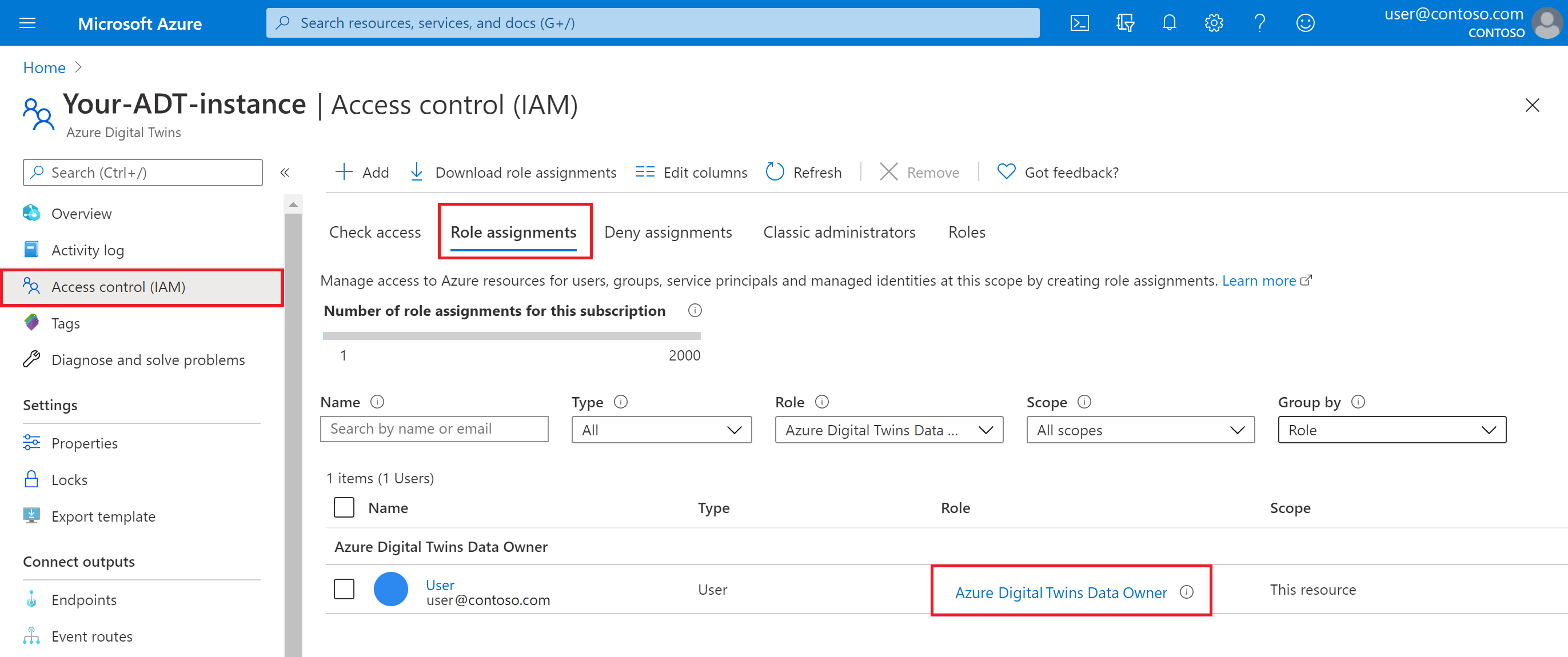 Azure portal での Azure Digital Twins インスタンスのロールの割り当てのスクリーンショット。