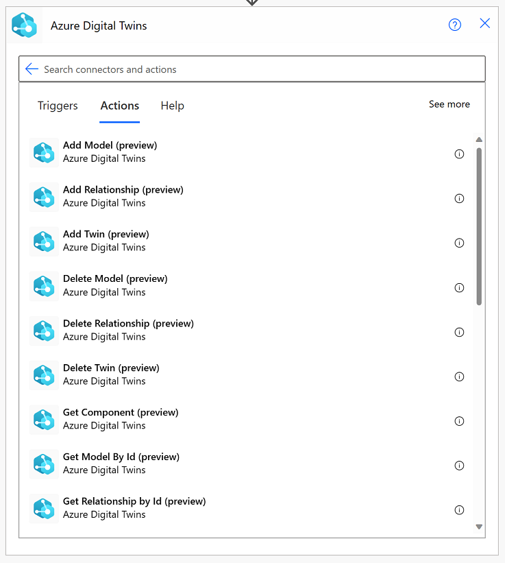 Azure Digital Twins コネクタのすべてのアクションを示す Power Automate のスクリーンショット。