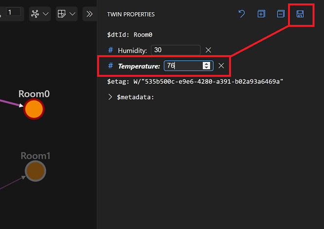 Room0 で編集できるプロパティが表示されている [ツイン プロパティ] パネルが強調されている Azure Digital Twins Explorer のスクリーンショット。