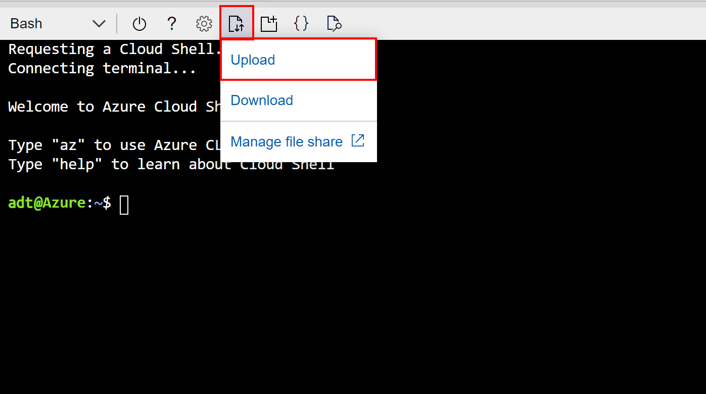 ファイルをアップロードする方法が強調表示された Azure Cloud Shell のスクリーンショット。