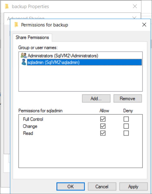 移行に使用する Windows アカウントと SQL Server サービス アカウントにフル コントロール アクセス権を付与する。 