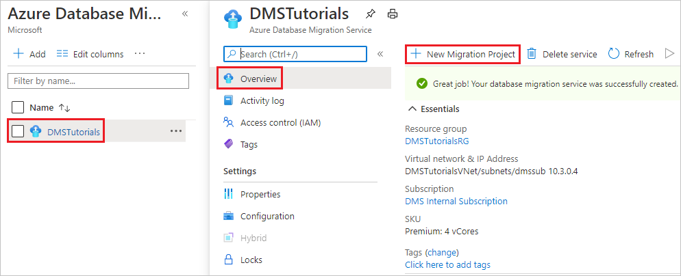 Azure Database Migration Service インスタンスの検索のスクリーンショット。