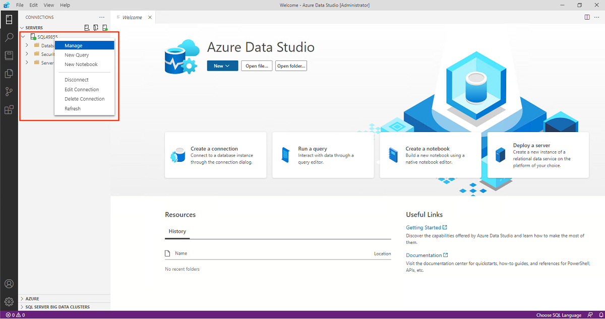 Azure Data Studio におけるサーバー接続と [管理] オプションを示すスクリーンショット。