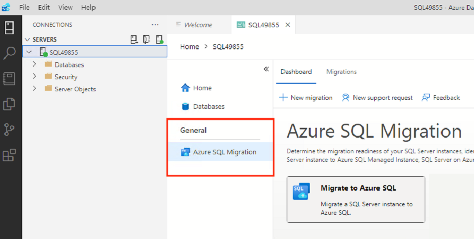 Azure Data Studio のサーバー メニューを示すスクリーンショット。