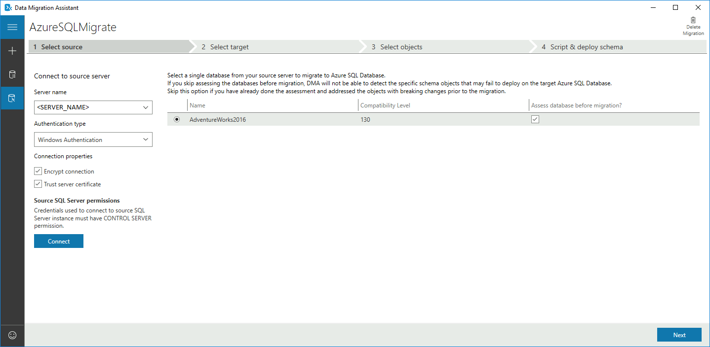 Data Migration Assistant Source Connection Details