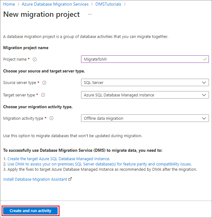 Create Database Migration Service Project