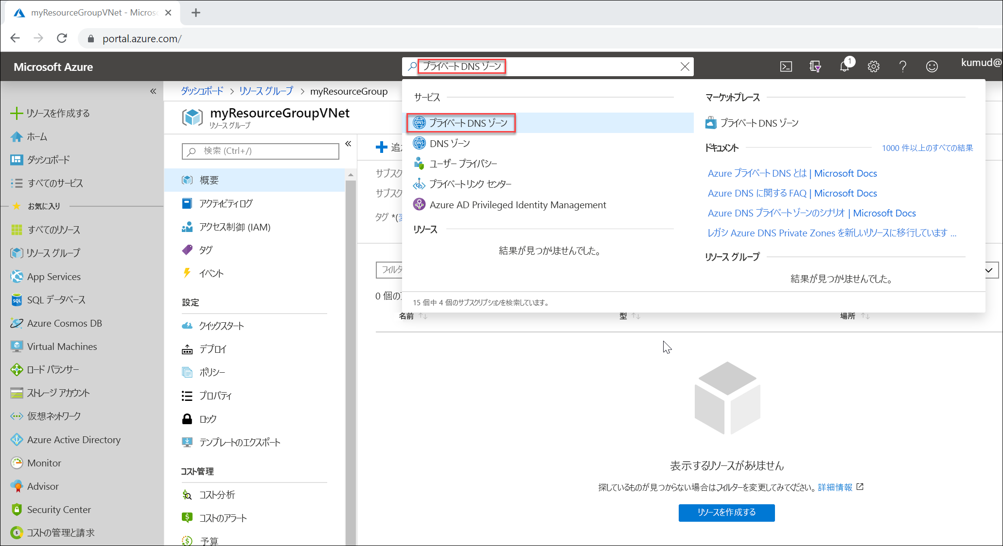 プライベート DNS ゾーンの検索のスクリーンショット。