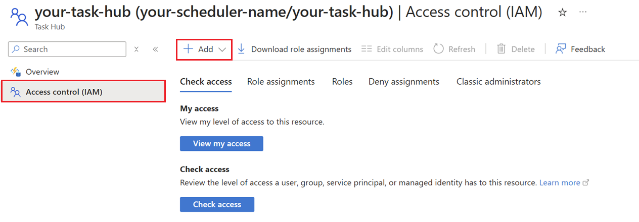 ポータルのAccess Control ペインにロールの割り当てを追加する画面。