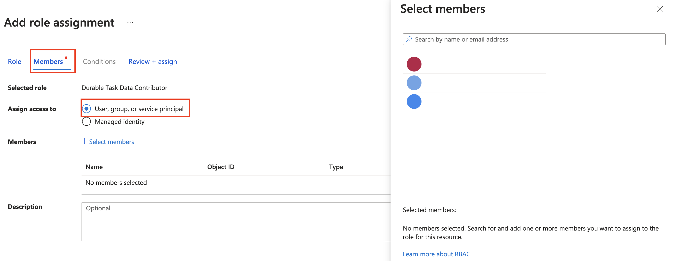 ポータルでユーザー割り当てマネージド ID の種類を選択するスクリーンショット。